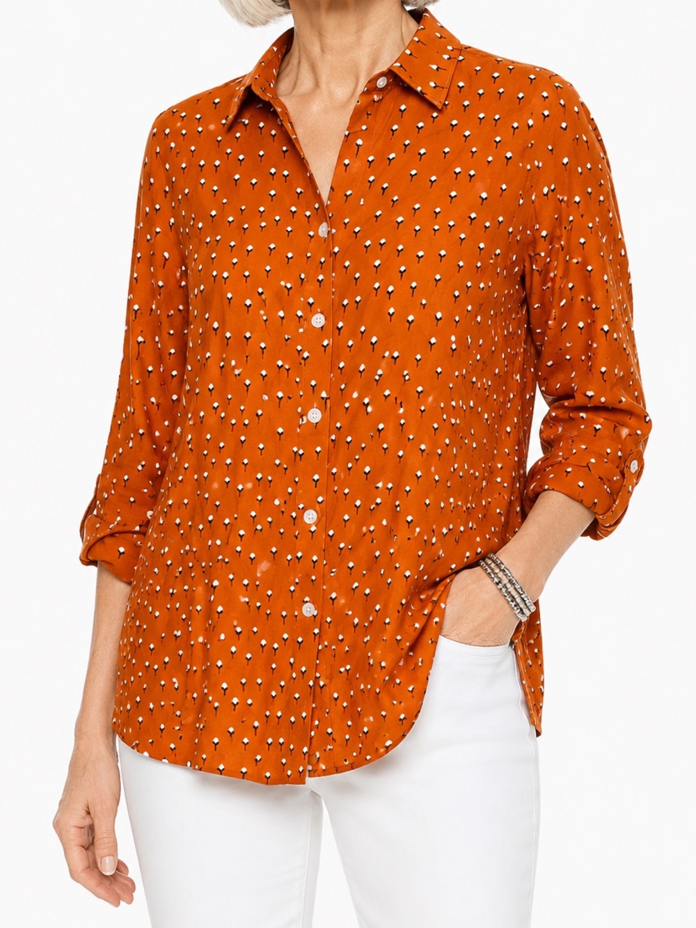Chico’s Autumnal Floral Bud Print Button Down Tunic